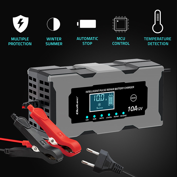 Qoltec intelligent microprocessor charger 12V 10A | rectifier with repair function for AGM gel LiFePO4 batteries | LCD