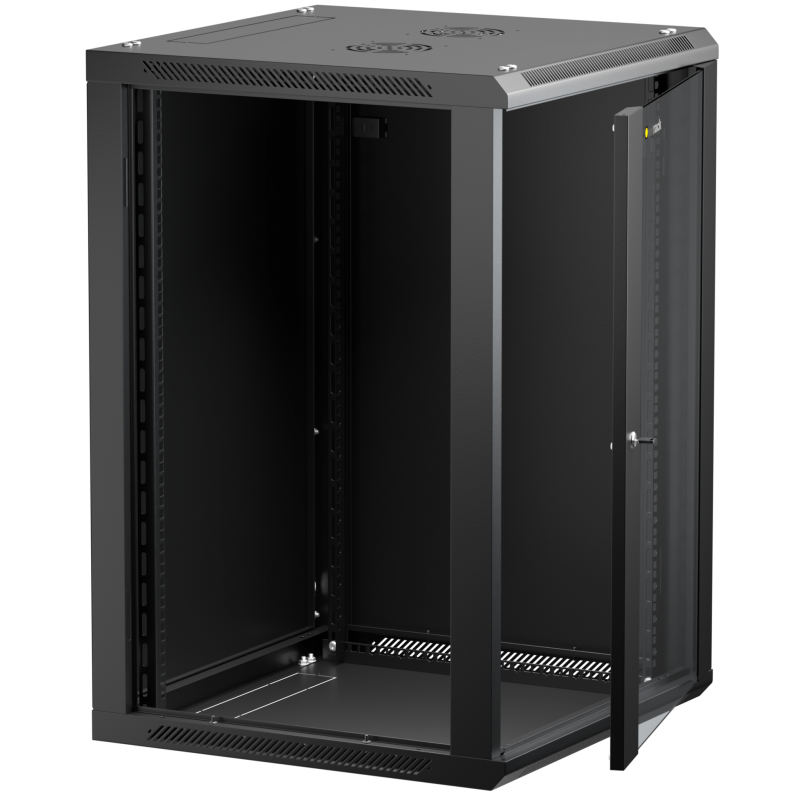 Netrack 19" wall-mount F-Line rack cabinet, 18U 600*600, glass door, black, flat-pack