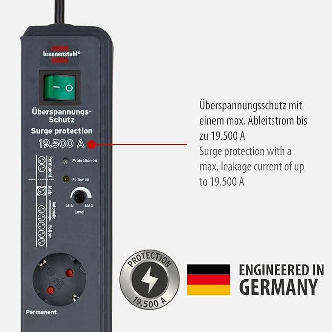 Brennenstuhl Secure-Tec 19.500A, 8*CEE 7/4, 1*CEE 7/7, 3m, must pikendusjuhe