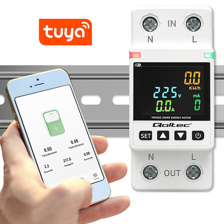 Qoltec single-phase electronic wattmeter, energy consumption meter, DIN35, remote control, measurement history, Wi-Fi,Tuya, Smart life