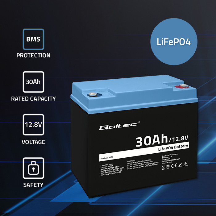 Qoltec LiFePO4 lithium iron phosphate battery 12.8V, 30Ah, 384Wh, BMS