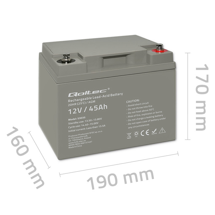 Qoltec AGM battery 12V 45Ah maintenance-free, efficient, LongLife, for UPS, scooter