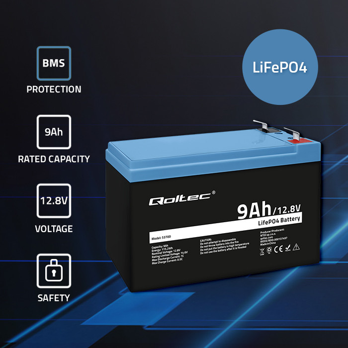 Qoltec LiFePO4 lithium iron phosphate battery 12.8V, 9Ah, 115.2Wh, BMS