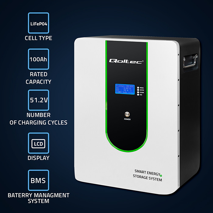 Qoltec stable LiFePO4 energy storage, 5.12kWh, 51.2V, 100Ah, BMS, LCD