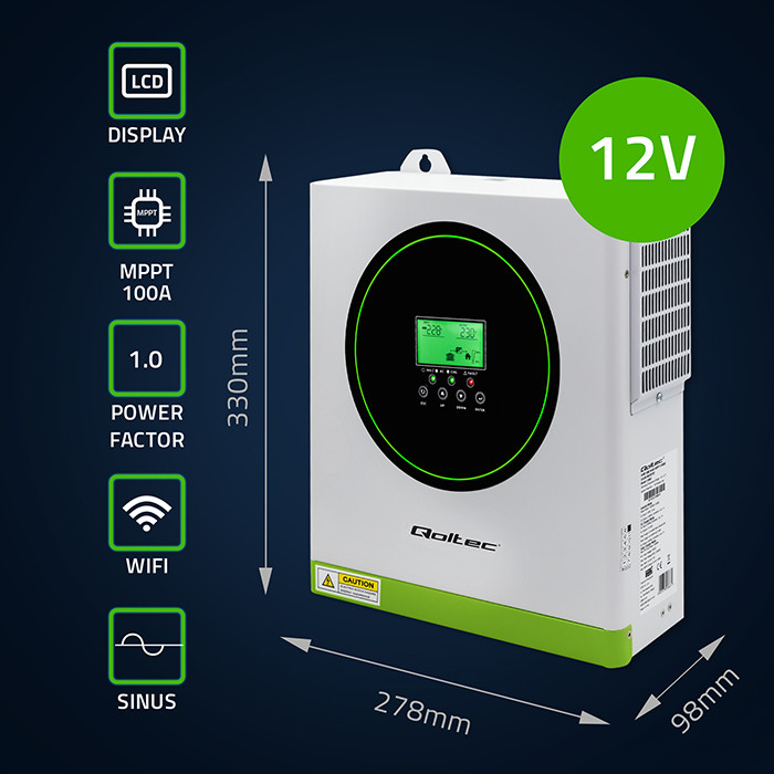 Qoltec modular hybrid off-grid solar inverter 1500W, 100A, 12V, MPPT, sinus, Wi-Fi option, power factor 1.0
