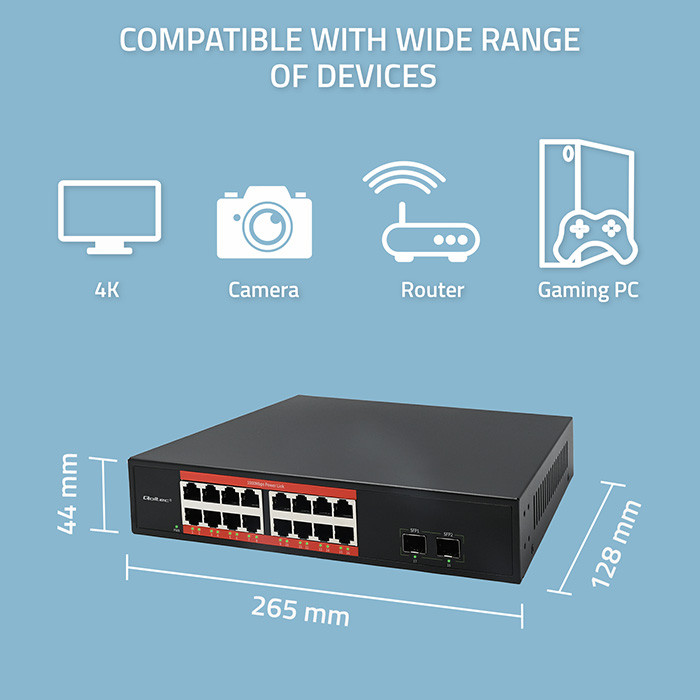 Qoltec unmanaged GE switch, 16*10/100/1000Mb/s RJ-45, 2*SFP 1000Mb/s