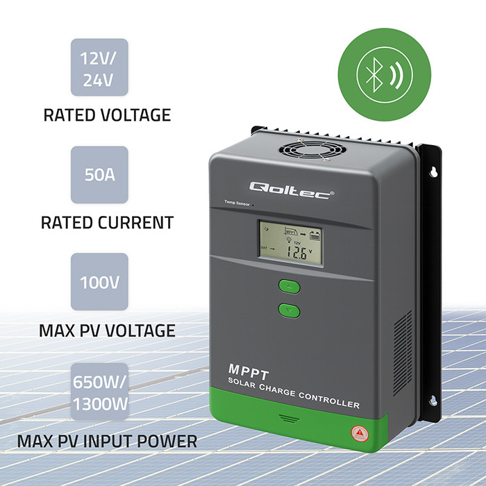 Qoltec MPPT 50A solar charge controller with temperture sensor, 12V/24V, LCD, Bluetooth, app, GEL, LiFePO4 batteries