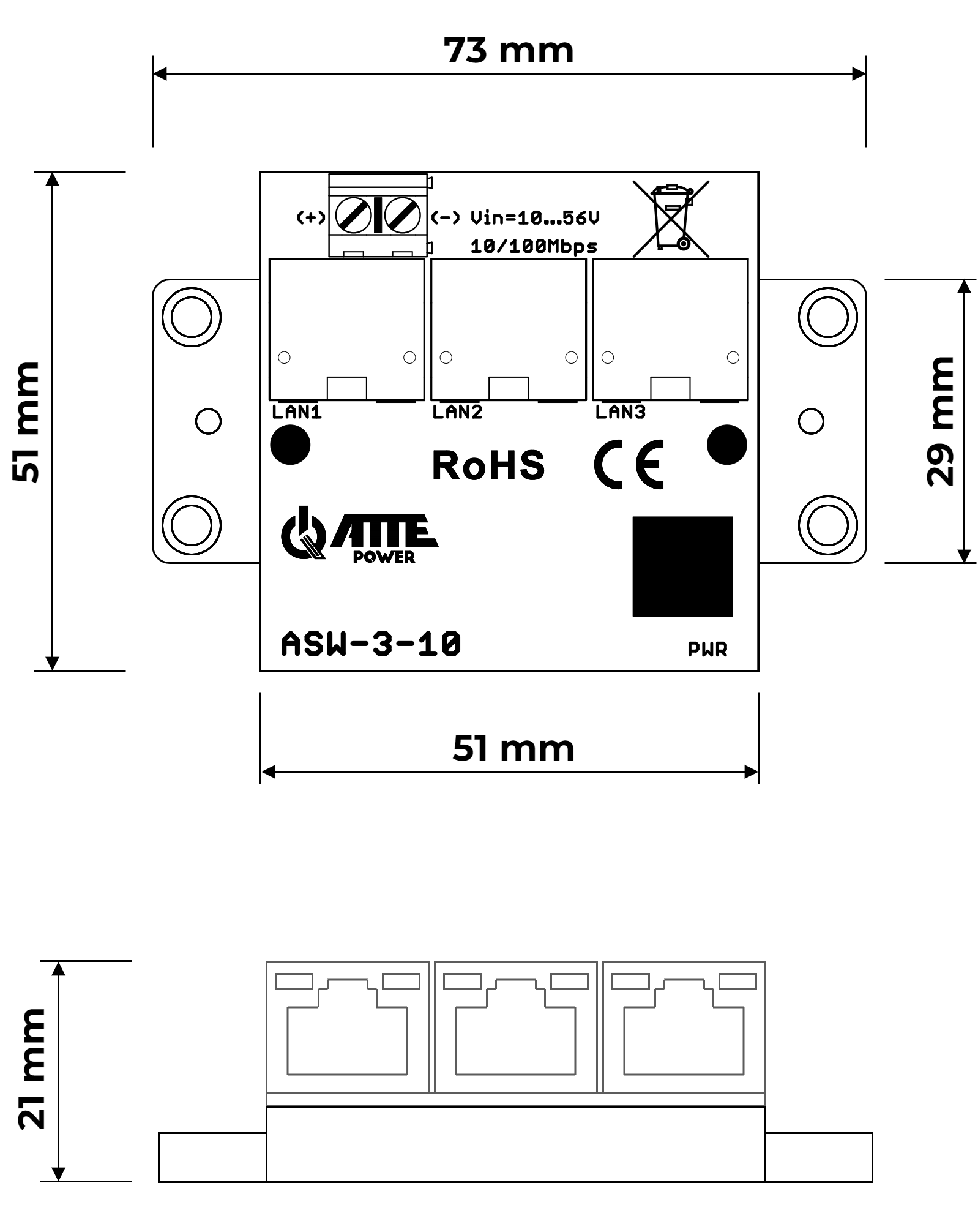 3-port LAN switch 10/100Mbps