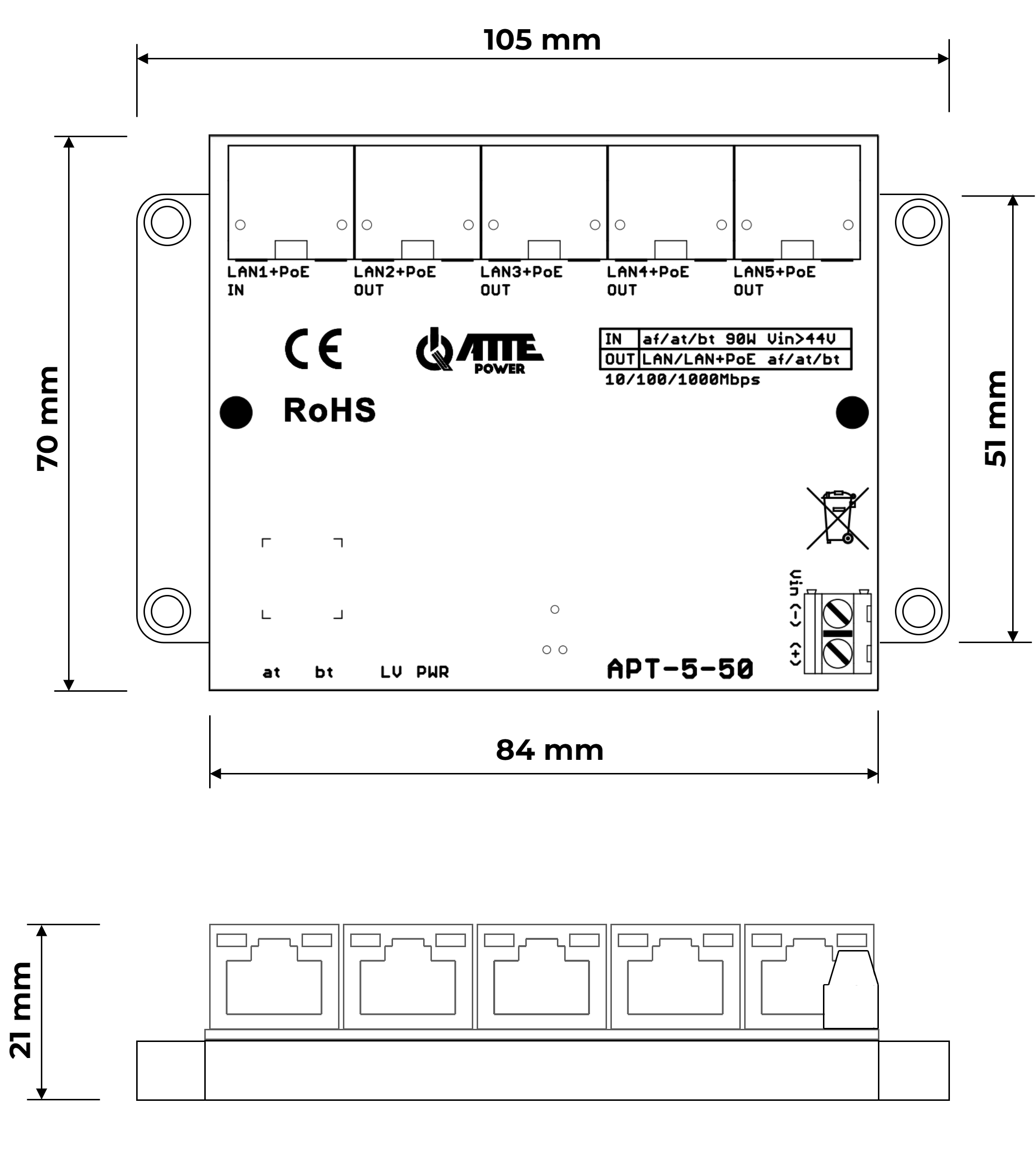 5-port PoE switch 10/100/1000Mbps, extender