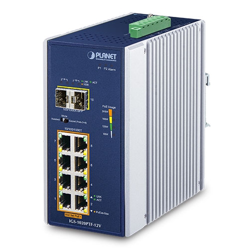 Planet industrial 8-port 10/100/1000T 802.3at PoE + 2-port 100/1000X SFP Ethernet switch w/ 12V booster