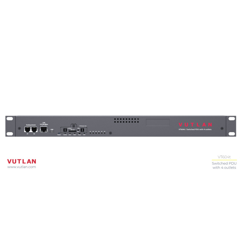 Vutlan switched PDU 19&quot;, 4 outlets. x1 Ethernet port, x1 USB port, x2 analog sensor ports, x4 230VAC outlets, x2 digital inputs, x2 12V 0.25A relays, x1 CAN port, power supply 230VAC