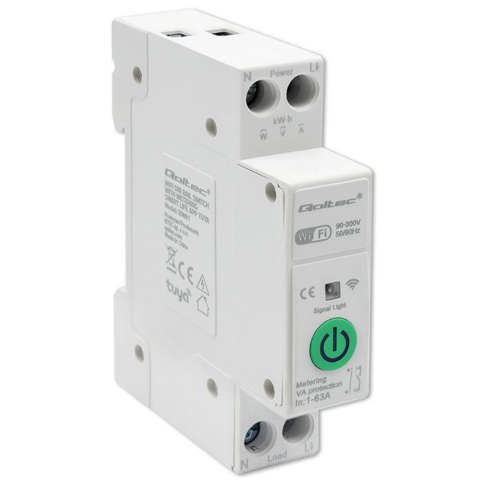Qoltec Wi-Fi DIN rail relay with electricity meter 63A, Tuya, Smart life