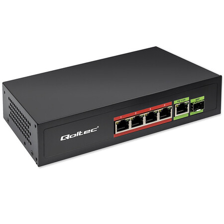 Qoltec unmanaged GE PoE switch, 4*RJ45 PoE (65W budget), RJ45 uplink 10/100/1000Mb/s, SFP 1000Mb/s