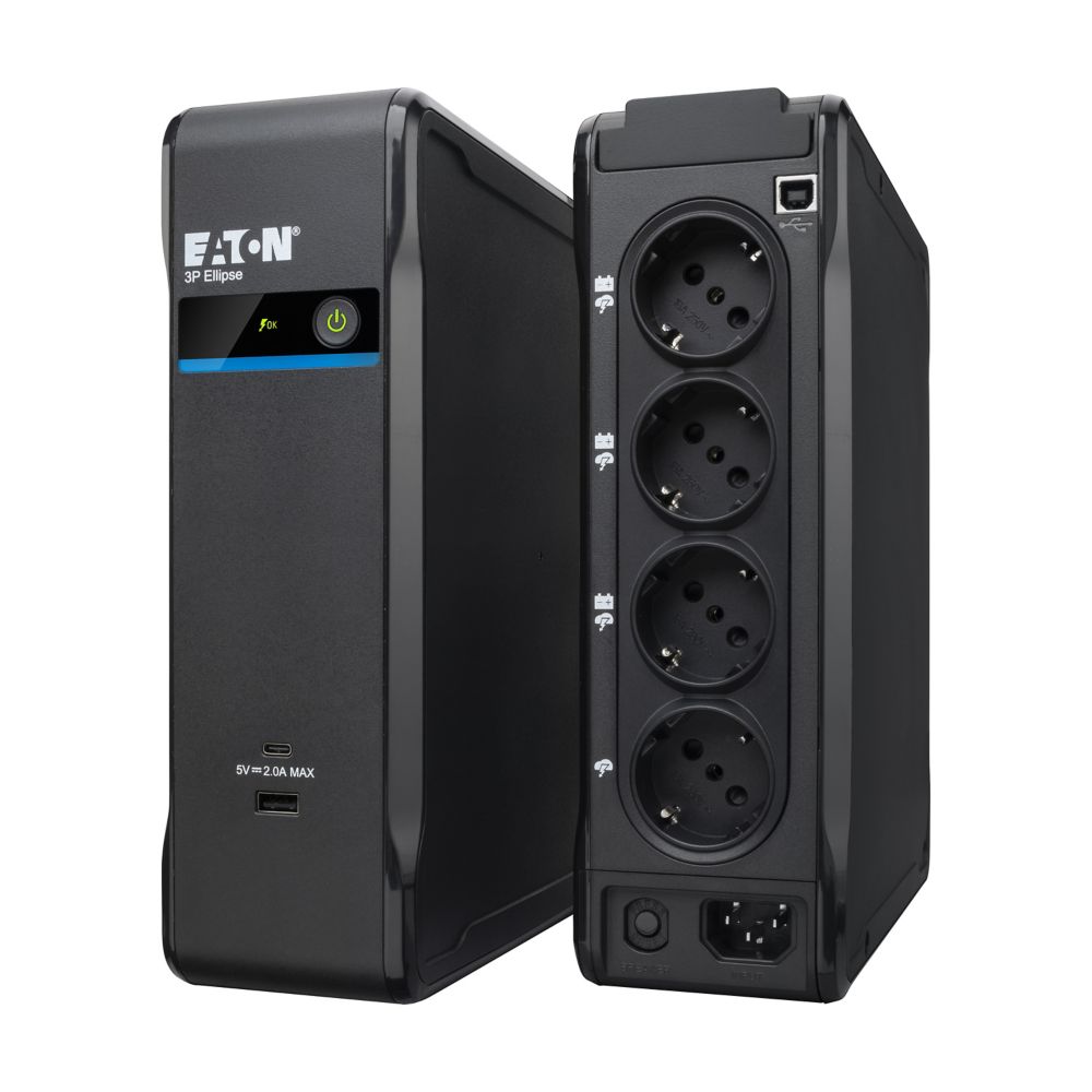 Eaton 3P Ellipse off-line UPS USB DIN, 900VA/540W, input: C14, outputs: (3) Schuko, (1) Schuko surge only, USB charge, tower