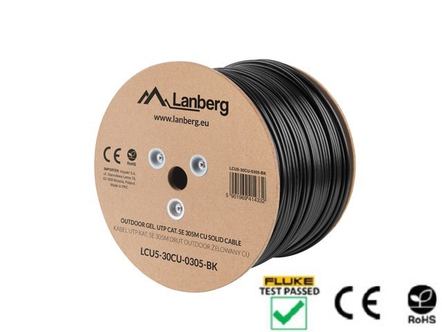 Lanberg LAN cable Cat.5E UTP 305m, solid, outdoor gel-filled, CU, black, fluke passed