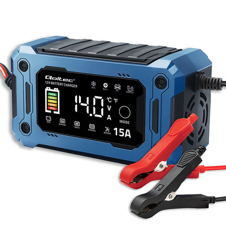 Qoltec intelligent microprocessor charger 12V 15A | rectifier with repair &amp; power maintenance function during battery replacement | for AGM gel LiFePO4 | LCD