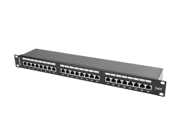 Lanberg 19" 1U 24 port patch panel, Cat.6 FTP, with cable organizer, shielded, black