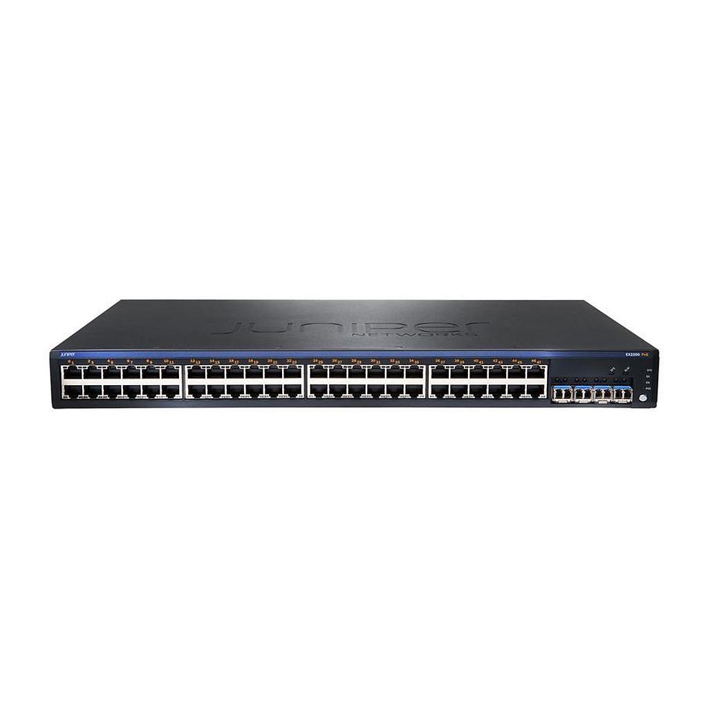 Juniper EX2200, 48-port 10/100/1000BaseT PoE+ with 4 SFP uplink ports (optics not included)