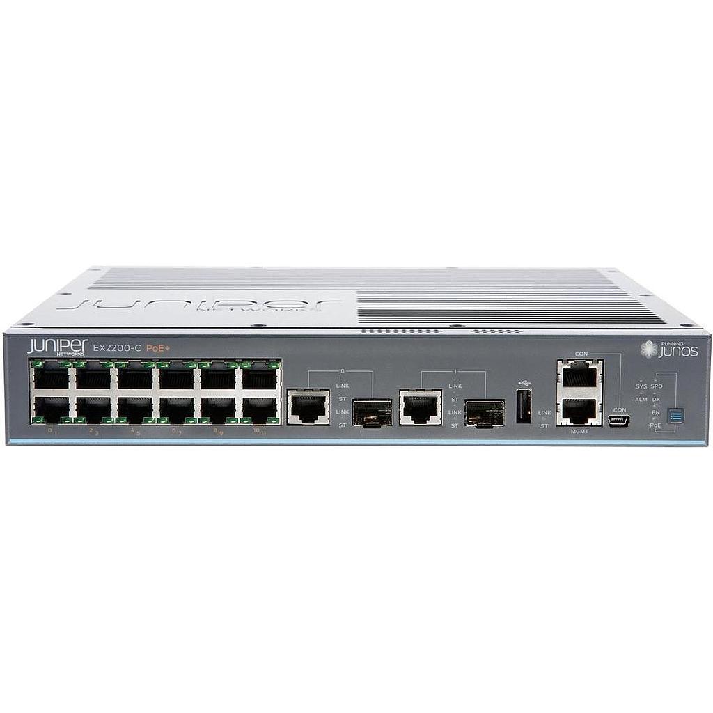 Juniper EX2200-C, 12-port 10/100/1000BaseT PoE+ with 2 dual-purpose 10/100/1000BaseT/SFP uplink ports (optics not included), refurbished