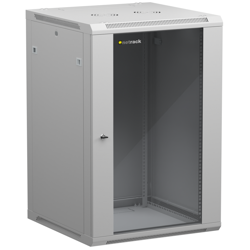 Netrack 19" wall-mount rack cabinet, 18U 600*600, glass door, grey, flat-pack