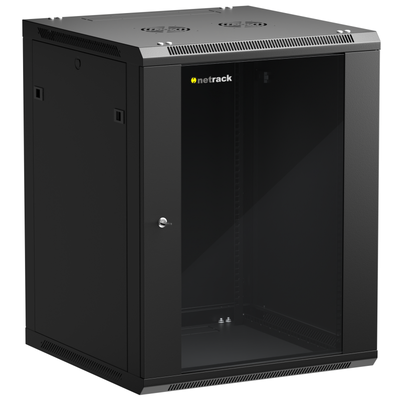 Netrack 19" wall-mount F-Line rack cabinet, 15U 600*600, glass door, black, flat-pack