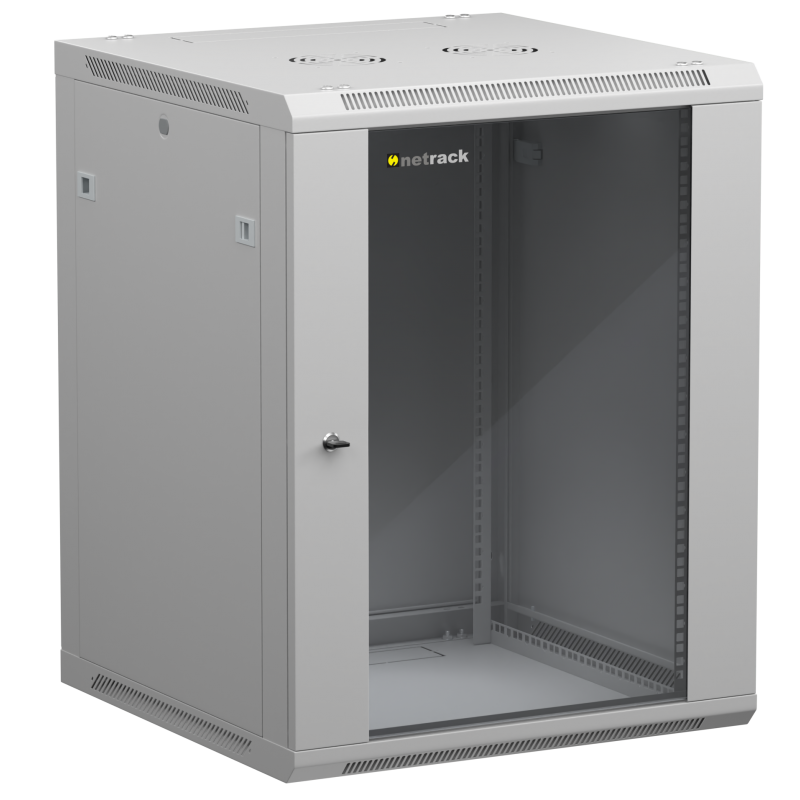 Netrack 19" wall-mount F-Line rack cabinet, 15U 600*600, glass door, gray, flat-pack