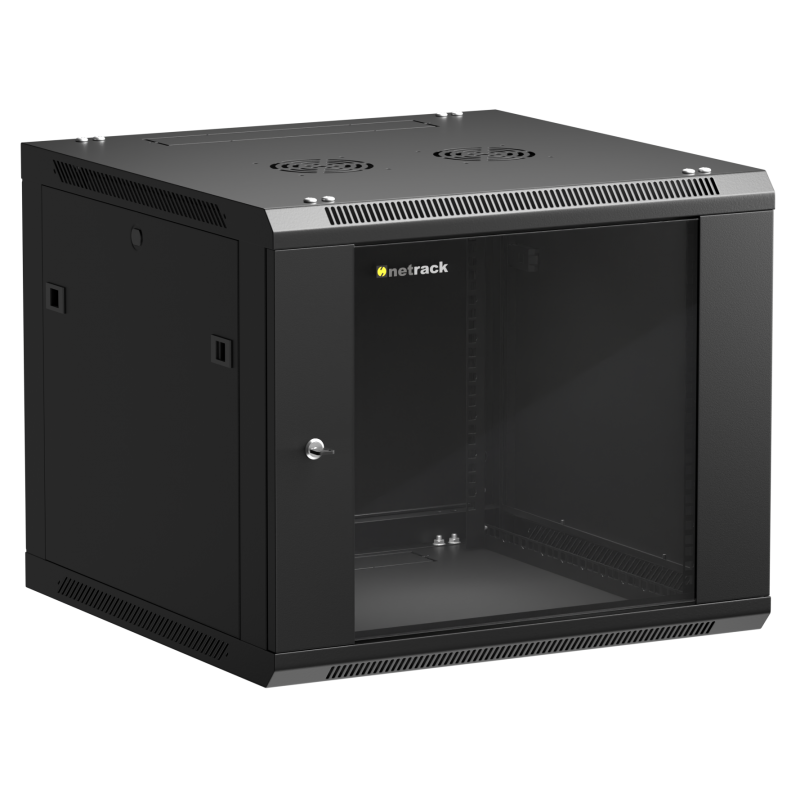 Netrack 19" wall-mount F-Line rack cabinet, 9U 600*600, glass door, black, flat-pack