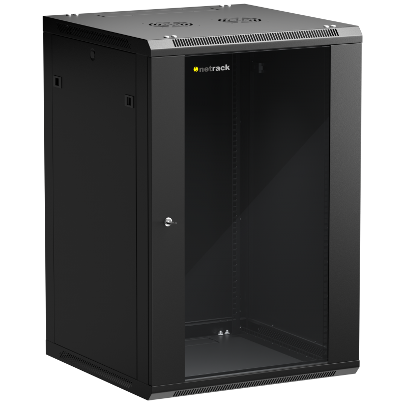 Netrack 19" wall-mount F-Line rack cabinet, 18U 600*600, glass door, black, flat-pack