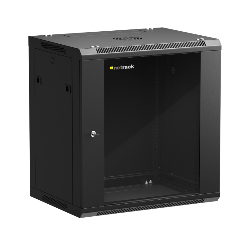Netrack 19" wall-mount F-Line rack cabinet, 12U 600*450, glass door, black, flat-pack