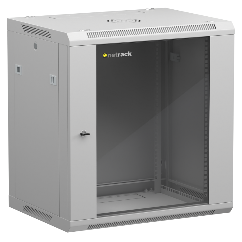 Netrack 19" wall-mount F-Line rack cabinet, 12U 600*450, glass door, gray, flat-pack