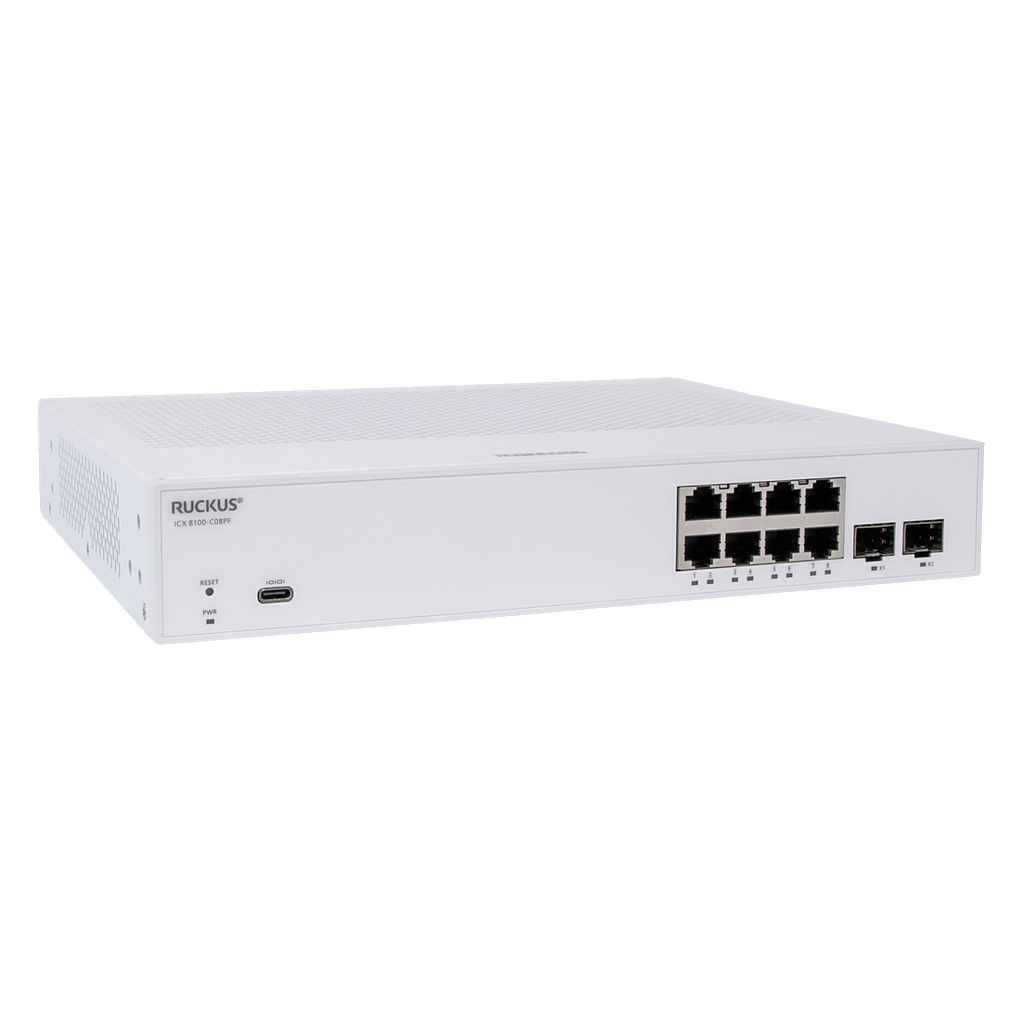 Ruckus ICX 8100 switch, 8*10/100/1000 ports, 2*1G SFP uplink-ports, advanced layer 2, 124W PoE budget