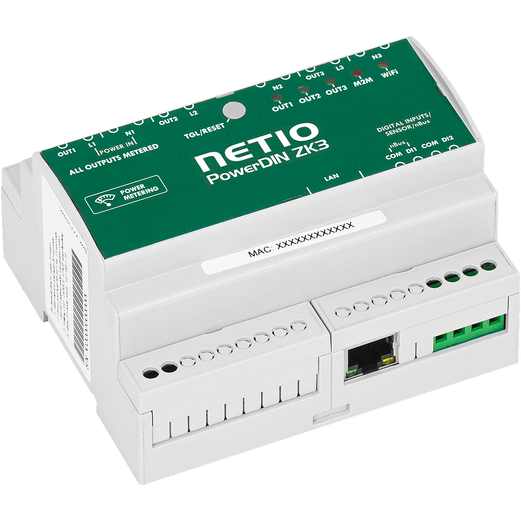 PowerDIN ZK3, 3 independent phase electricity metering &amp; switching (3*240V/16A per output), 2 digital inputs (DI), LAN &amp; Wi-Fi connectivity, ZCS &amp; nBus support