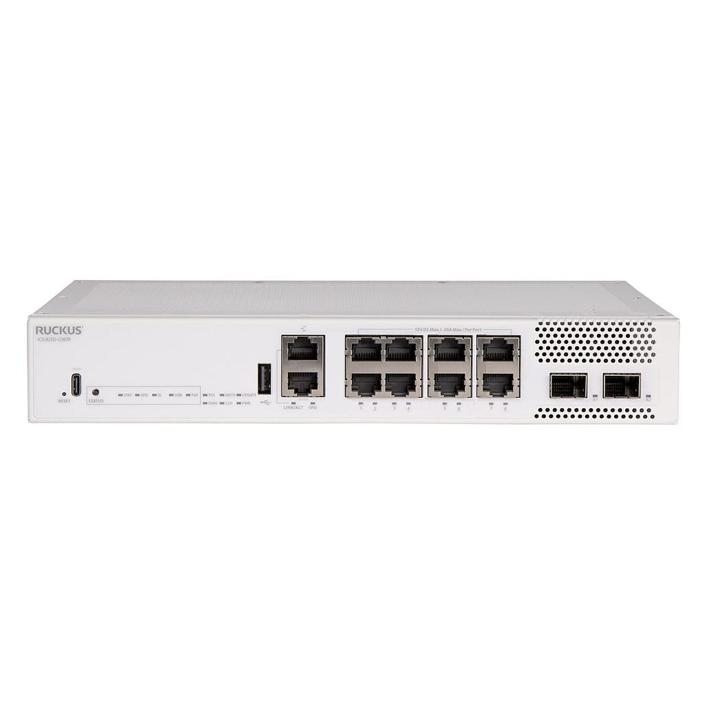 Ruckus ICX 8200 compact switch, 4*100/1000/2500 Mbps PoE++ ports, 4*1/2.5/5/10Gbps PoE++ ports, 2*25 GbE SFP28 stacking/uplink-ports, 240W PoE budget