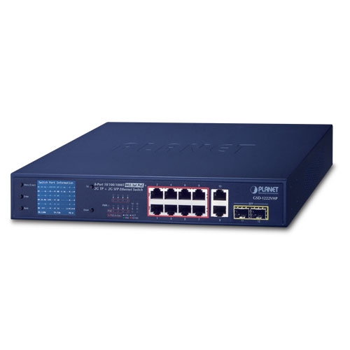 Planet 8-port 10/100/1000T 802.3at PoE + 2-port 10/100/1000T + 2-port 1000X SFP Ethernet switch with PoE LCD monitor