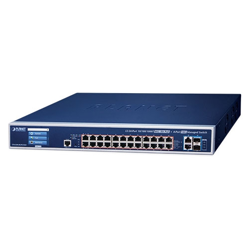Planet L3 24-port 10/100/1000T 802.3bt PoE + 2-port 10GBASE-T + 2-port 10G SFP+ managed switch with LCD touch screen &amp; redundant power