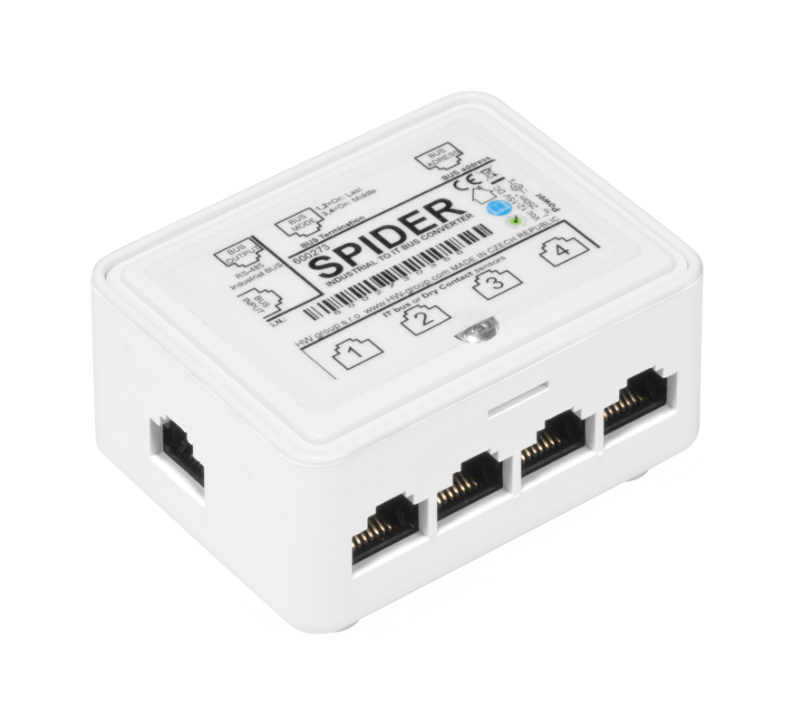 Spider, RS-485 / 1-wire bus converter, connection of max. 4* 1-wire sensors (RJ11) or dry contacts to RS-485 (Poseidon 2250)