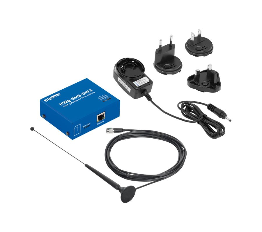 HWg-SMS-GW3 central GSM-SMS gateway for hardware group sensors. IP sensors connected via LAN. Includes GSM modem, external antenna &amp; network adapter