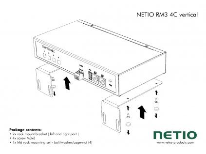 Mounting kit for 1 unit of NETIO 4C. Can be used inside 19" rack on the sides (vertical) or inside the rack. M6 rack mounting screws included.