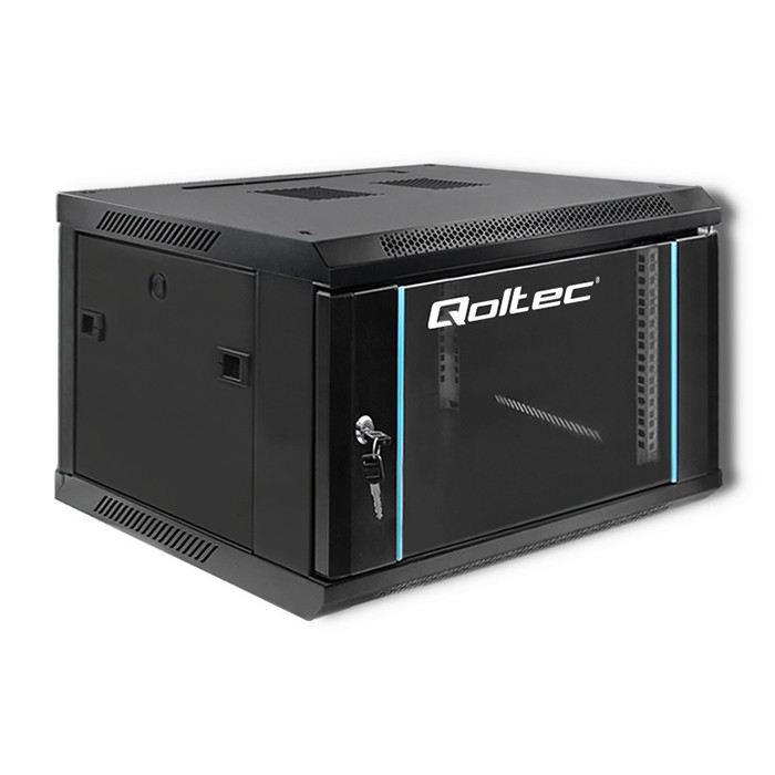 Qoltec 19" wall-mount rack cabinet 6U 600*370*600, with glass door, black