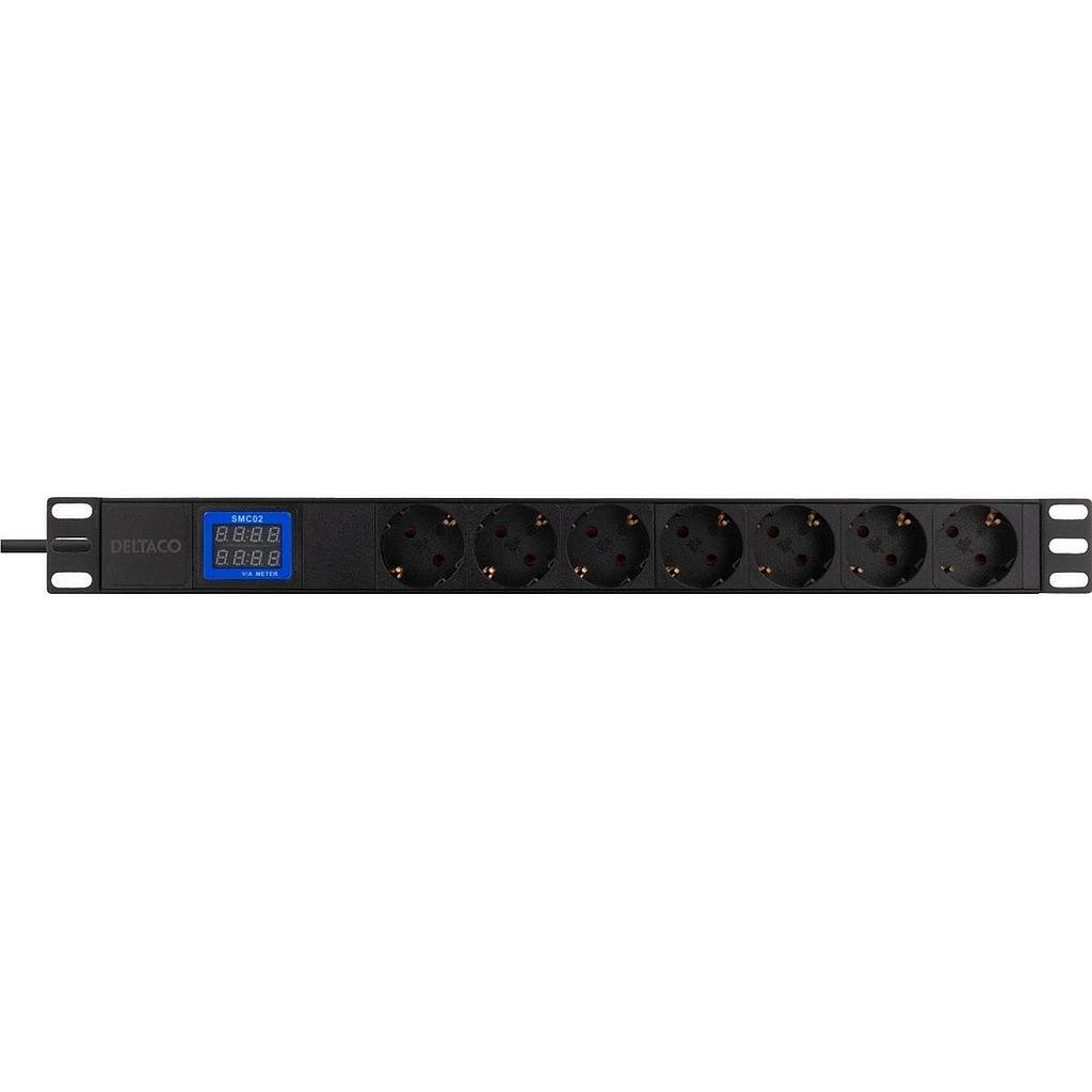 19&quot; 1U PDU C14 sisend 2m, 7* CEE 7/3 Schuko väljundit, 2500W, numbriline volt- ja ampermeeter, must
