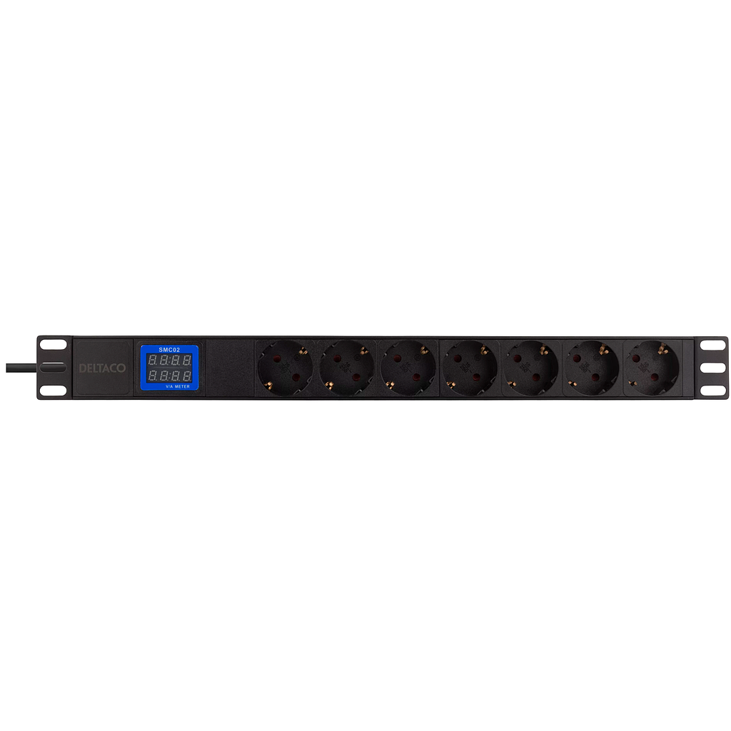 19&quot; 1U 7 Schuko pesa ja Schuko pistikuga toitepaneel, 3.5kW, digitaalne volt-/ampermeeter, must