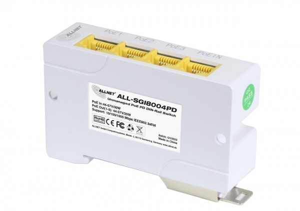 Allnet unmanaged switch SGI8004PD, 4 port - 4*GbE - PoE budget 24W - 3*PoE AF /DIN rail/PD input/fanless