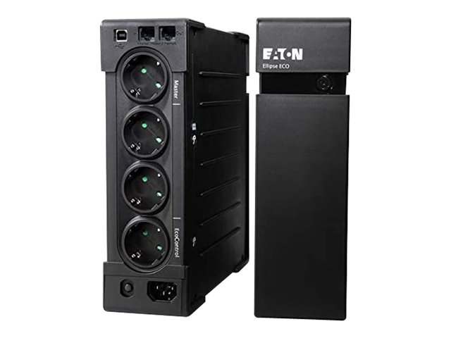 Eaton Ellipse ECO off-line UPS DIN, 500VA/300W, input: C14, outputs: (3) Schuko, (1) Schuko surge only, tower