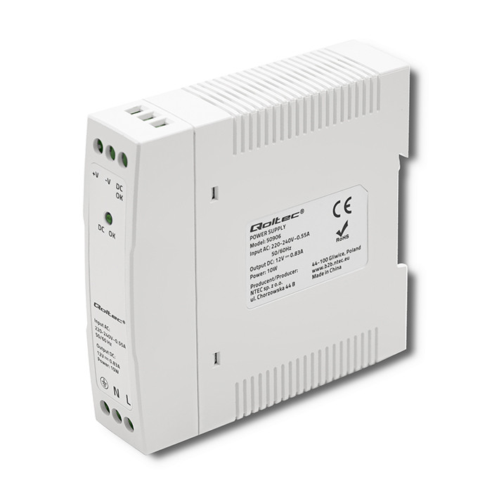 Qoltec DIN rail power supply, 12V, 0.83A, 10W, white, slim